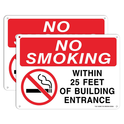 T&R No Smoking 25 Feet sign on rust-free aluminum, durable for outdoor use.