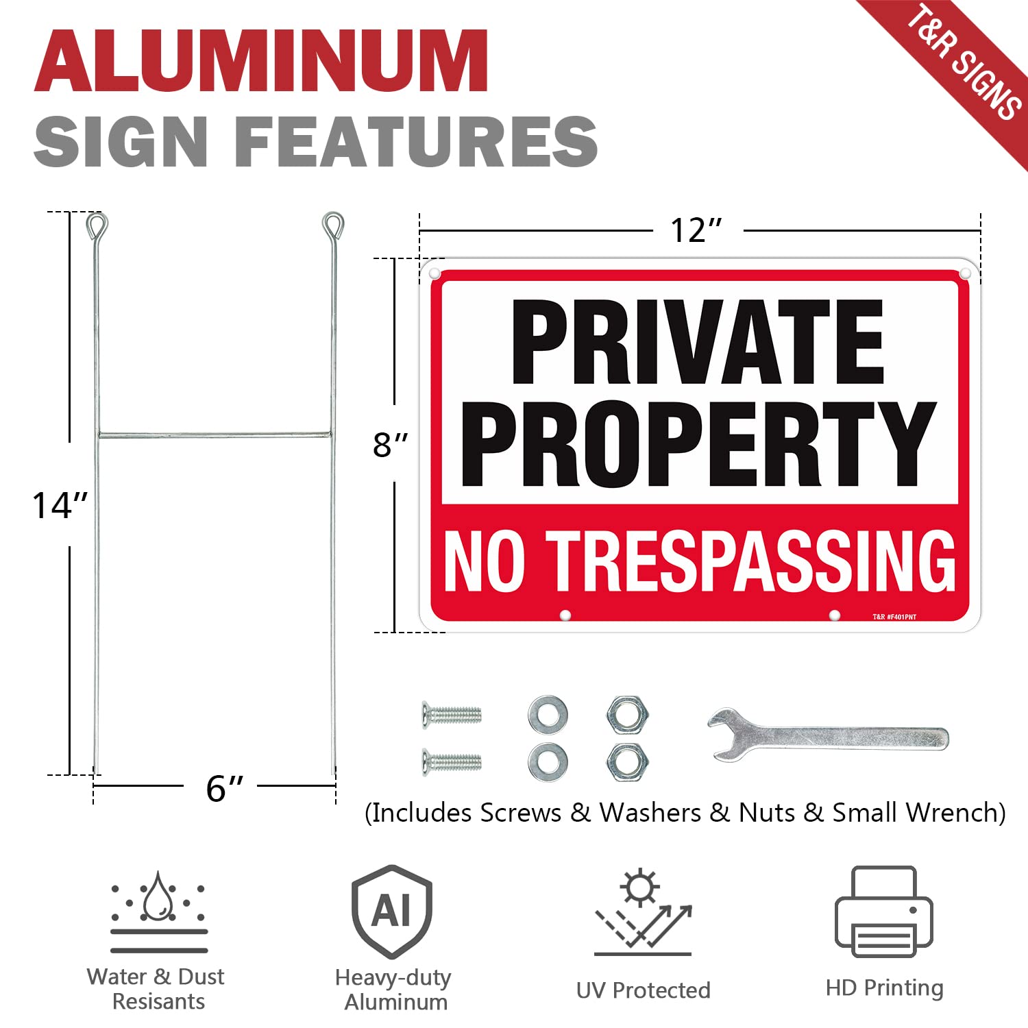 T&R No Trespassing sign trio with H stake and mounting hardware.