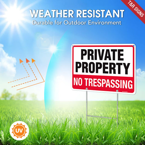 T&R No Trespassing sign with pre-drilled holes for quick mounting.
