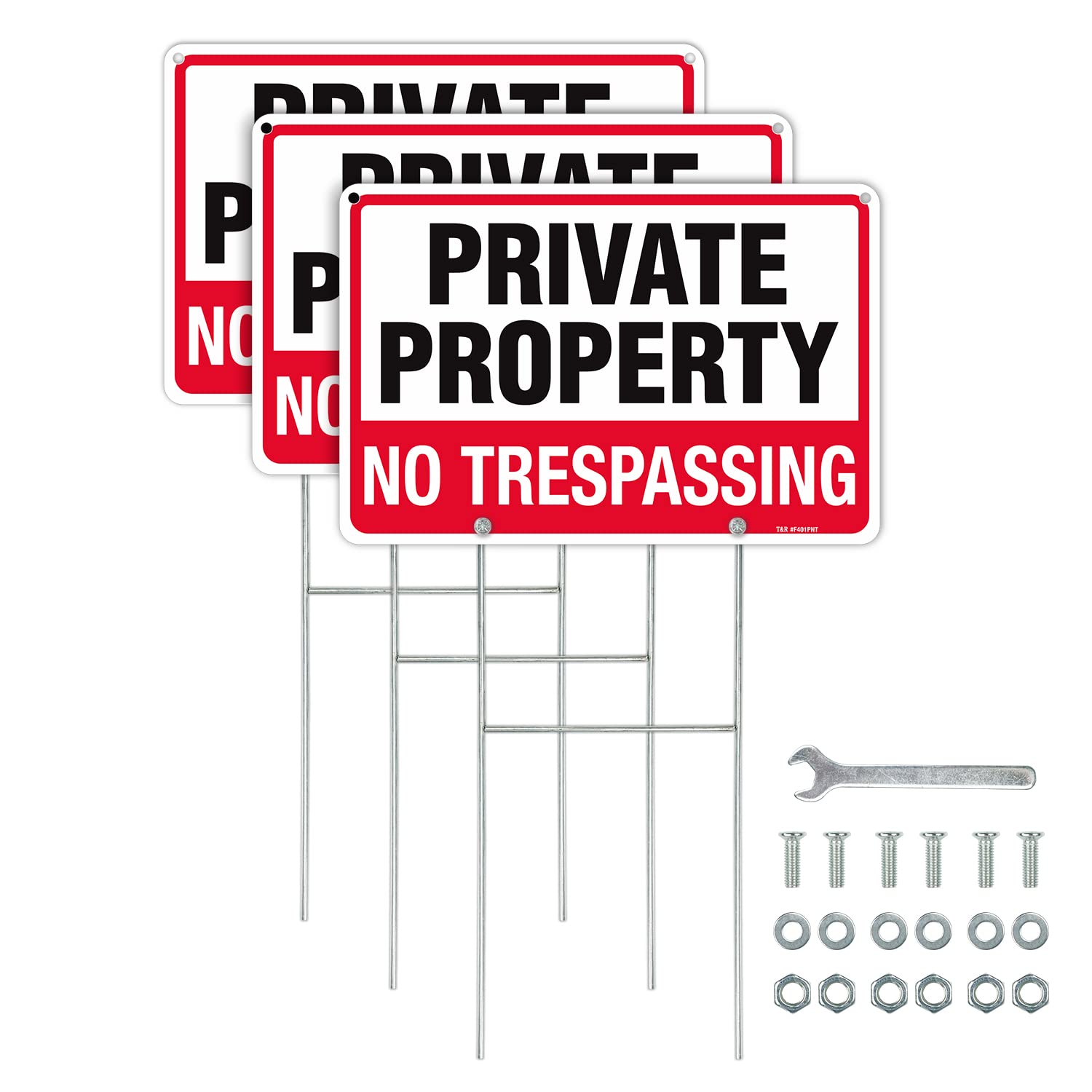 T&R No Trespassing sign with H stake for outdoors, corrosion-resistant aluminum.