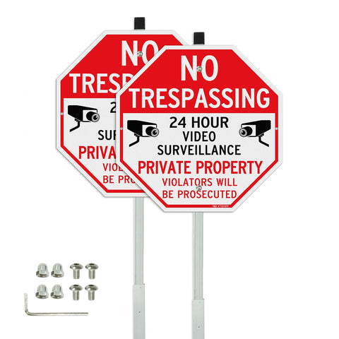 T&R no trespassing video surveillance sign with 36-inch stake for outdoor visibility.