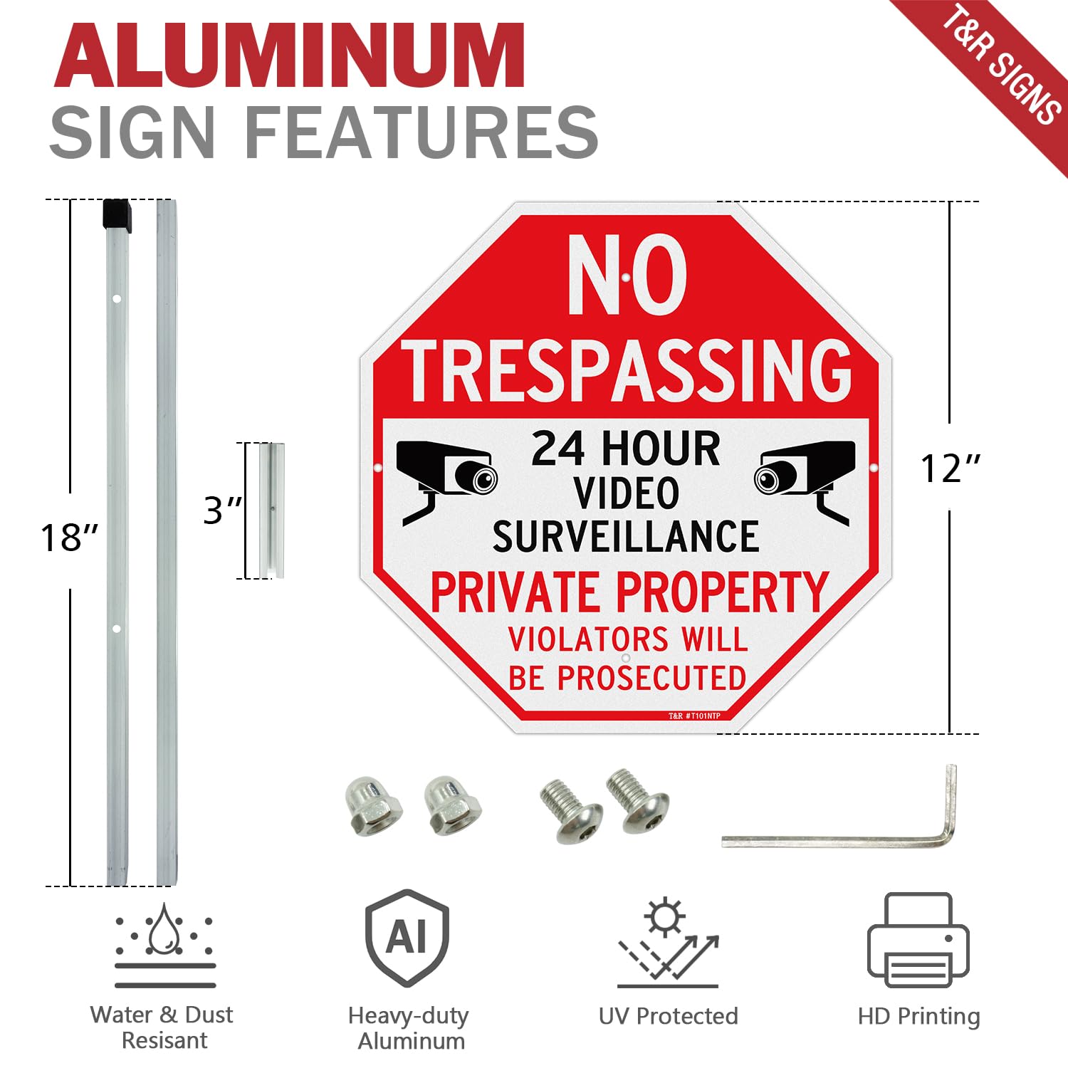 T&R video surveillance sign on 36-inch stake ready for outdoor mounting