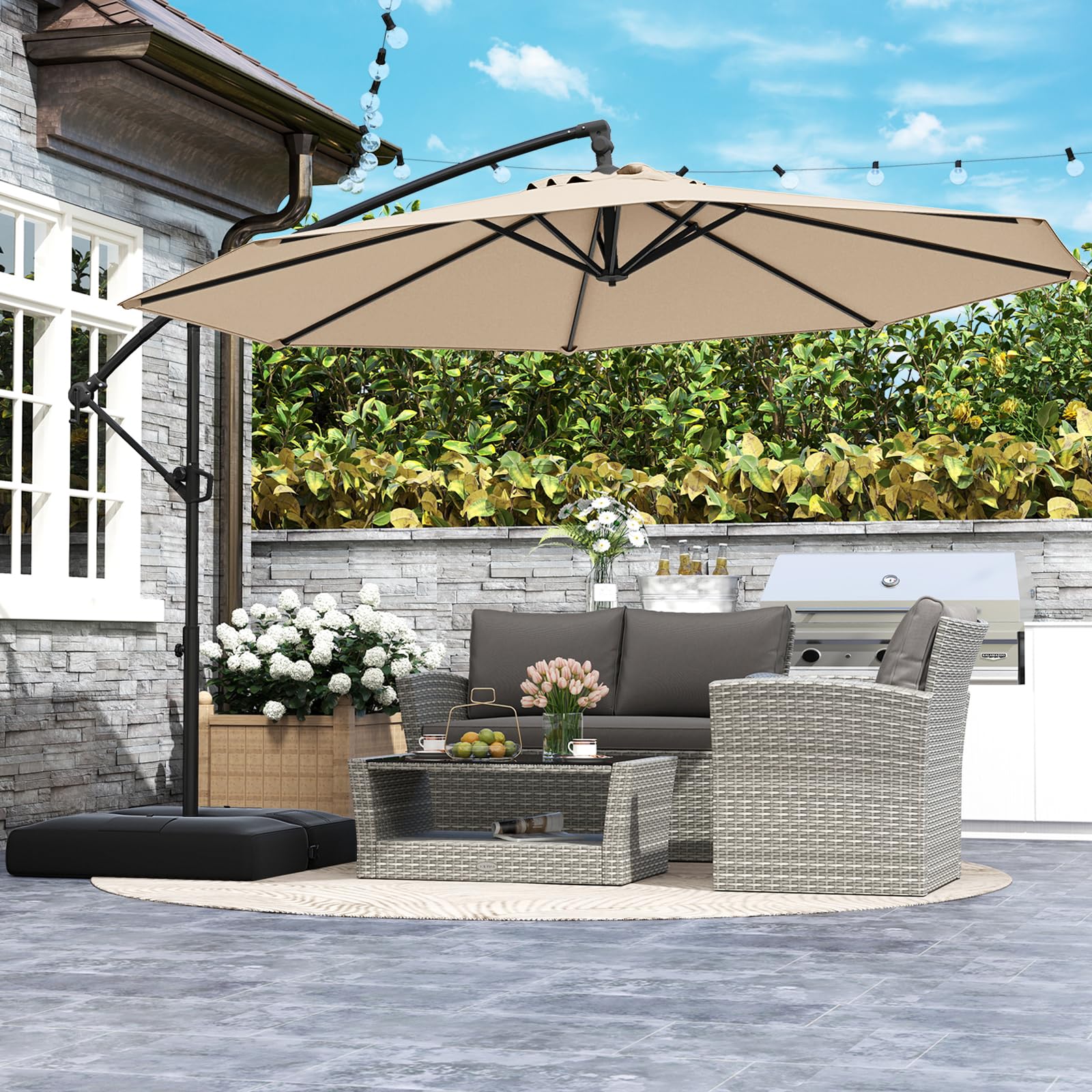 Tangkula 10ft cantilever umbrella tilt and 360° rotation for versatile sun control.