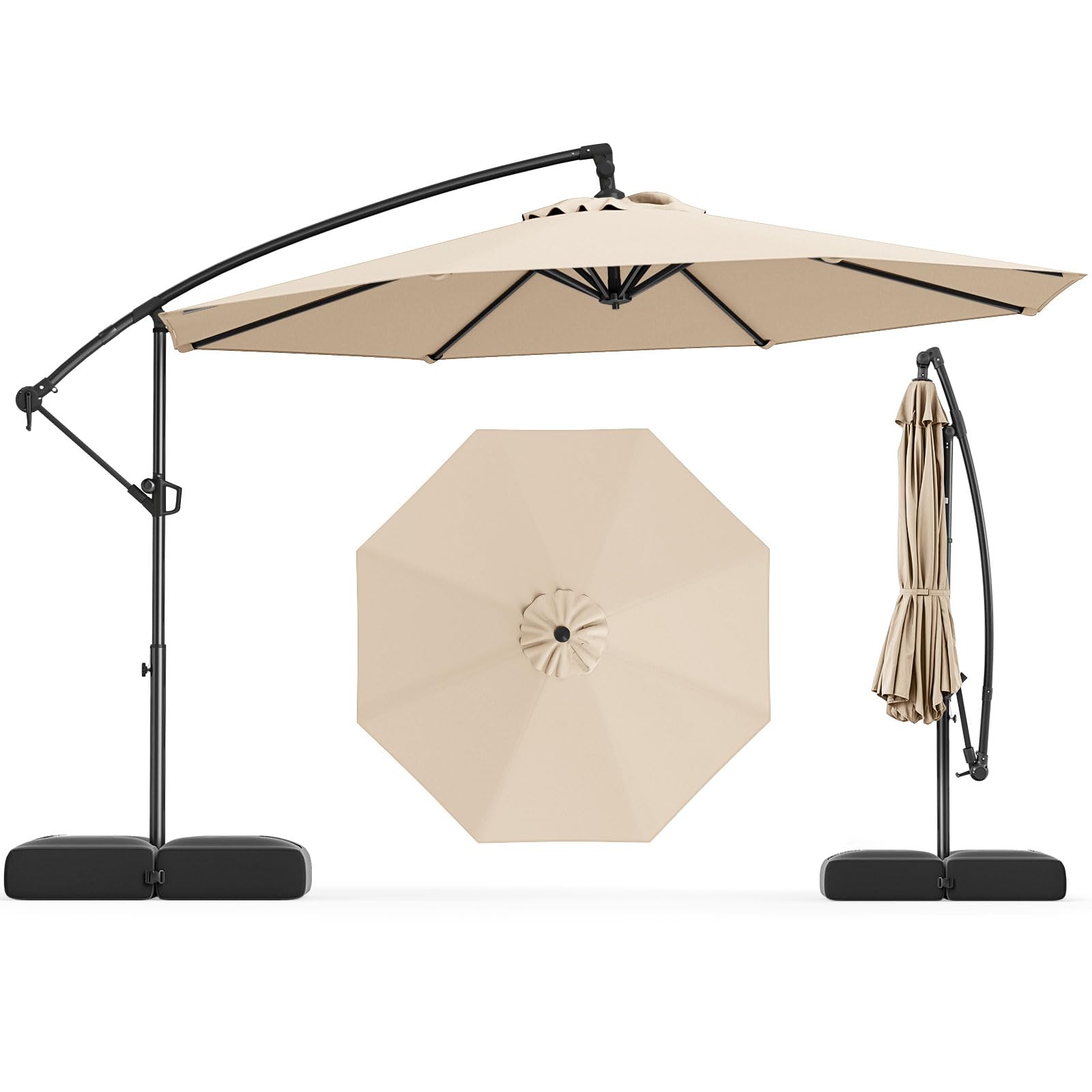 Tangkula offset umbrella base with 220 lb sandbags provides stable shade for patios and gardens.