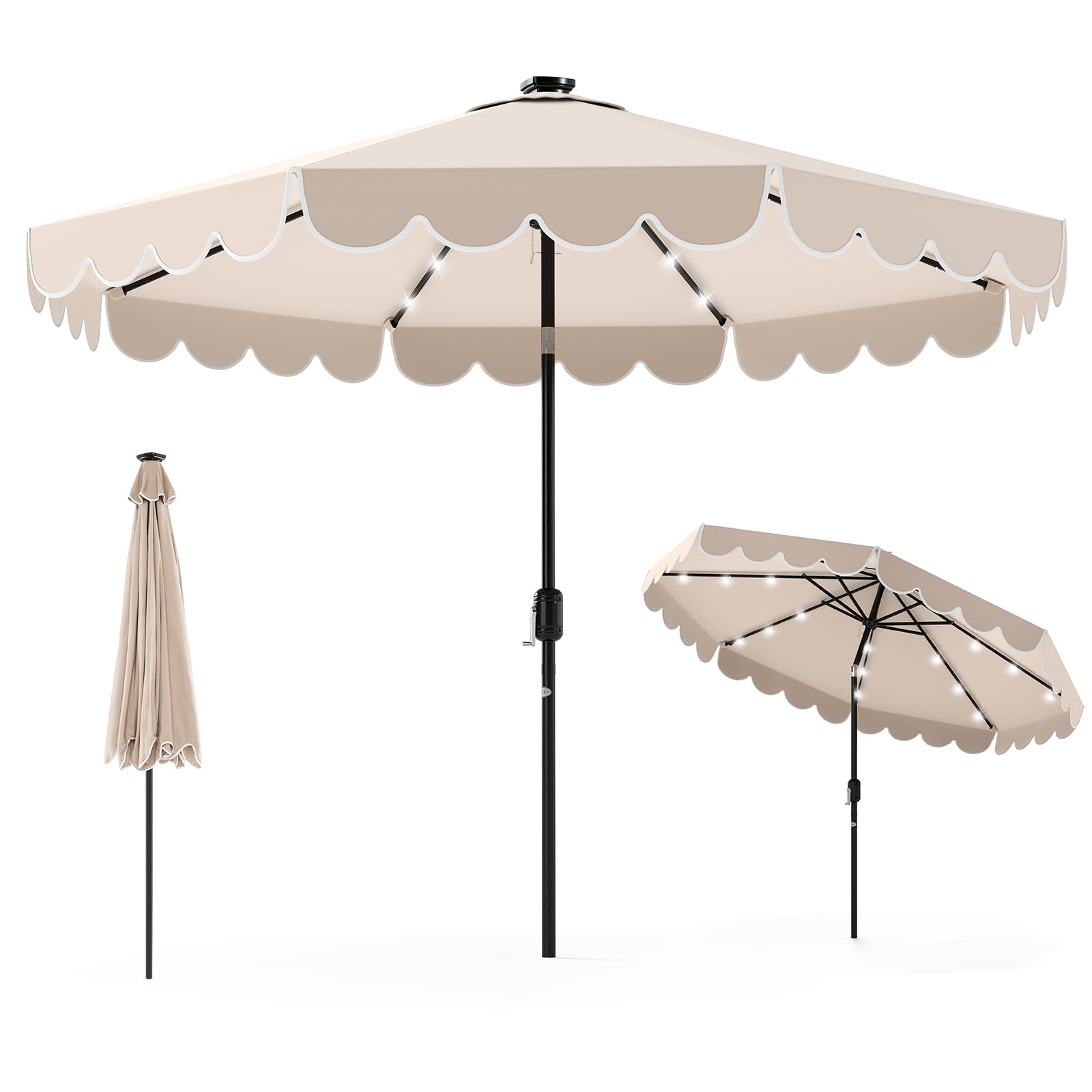 Tangkula 9ft beige solar patio umbrella with LED lighting for evening shading
