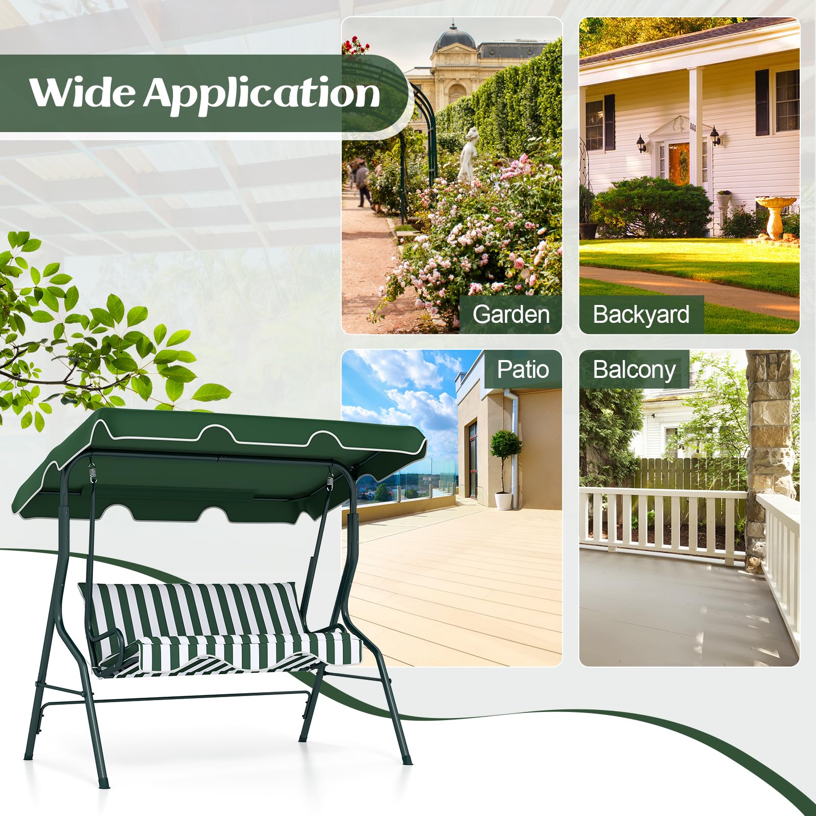 Tangkula green porch swing blends with outdoor spaces for a calm look.