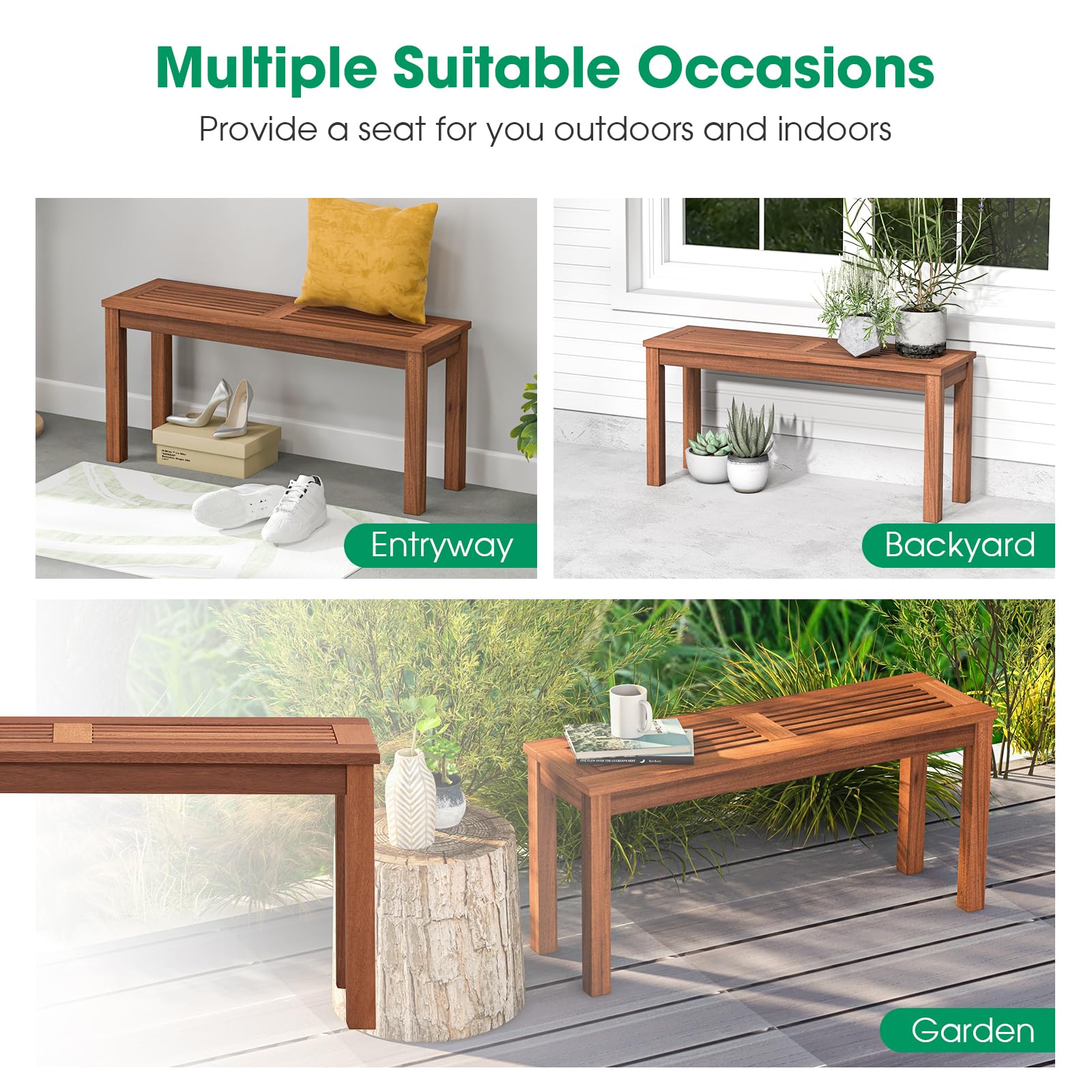 Tangkula bench showcases natural wood appearance and burr-free finish.