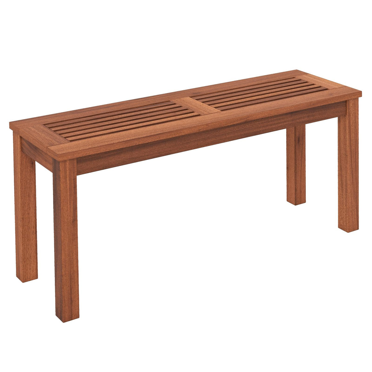 Tangkula patio wood bench with slatted seat for outdoor relaxation.