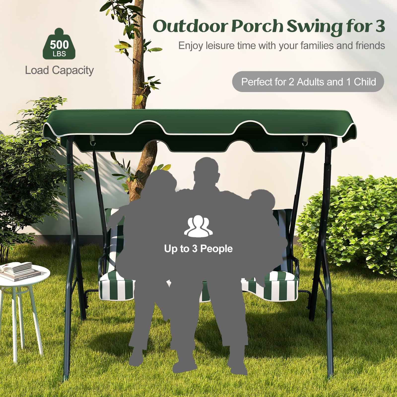 Tangkula porch swing adjustable canopy to shade from sun at different angles.