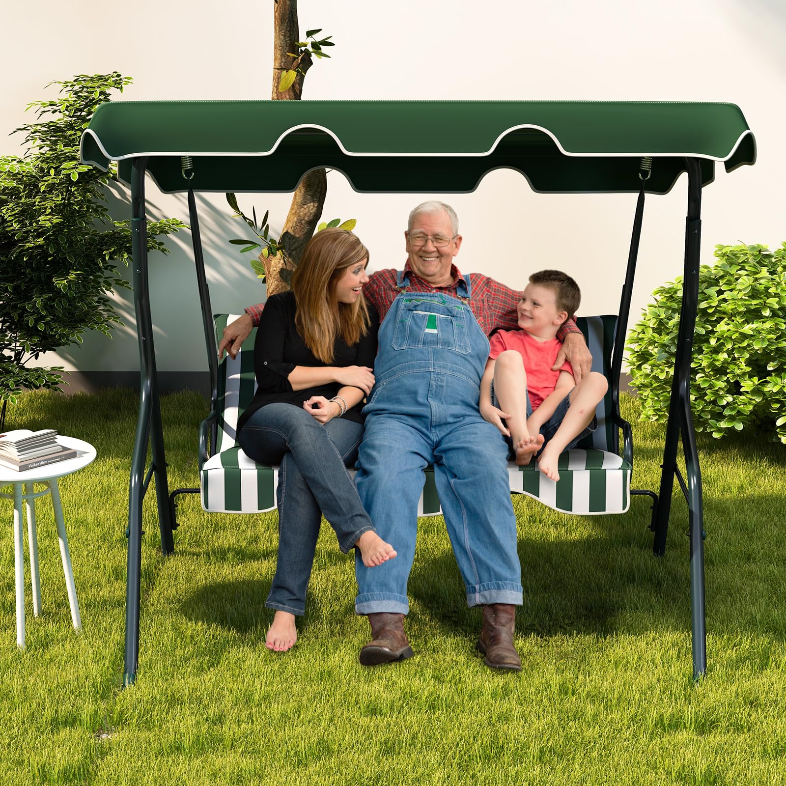 Tangkula porch swing with canopy and cushions enables social gatherings.