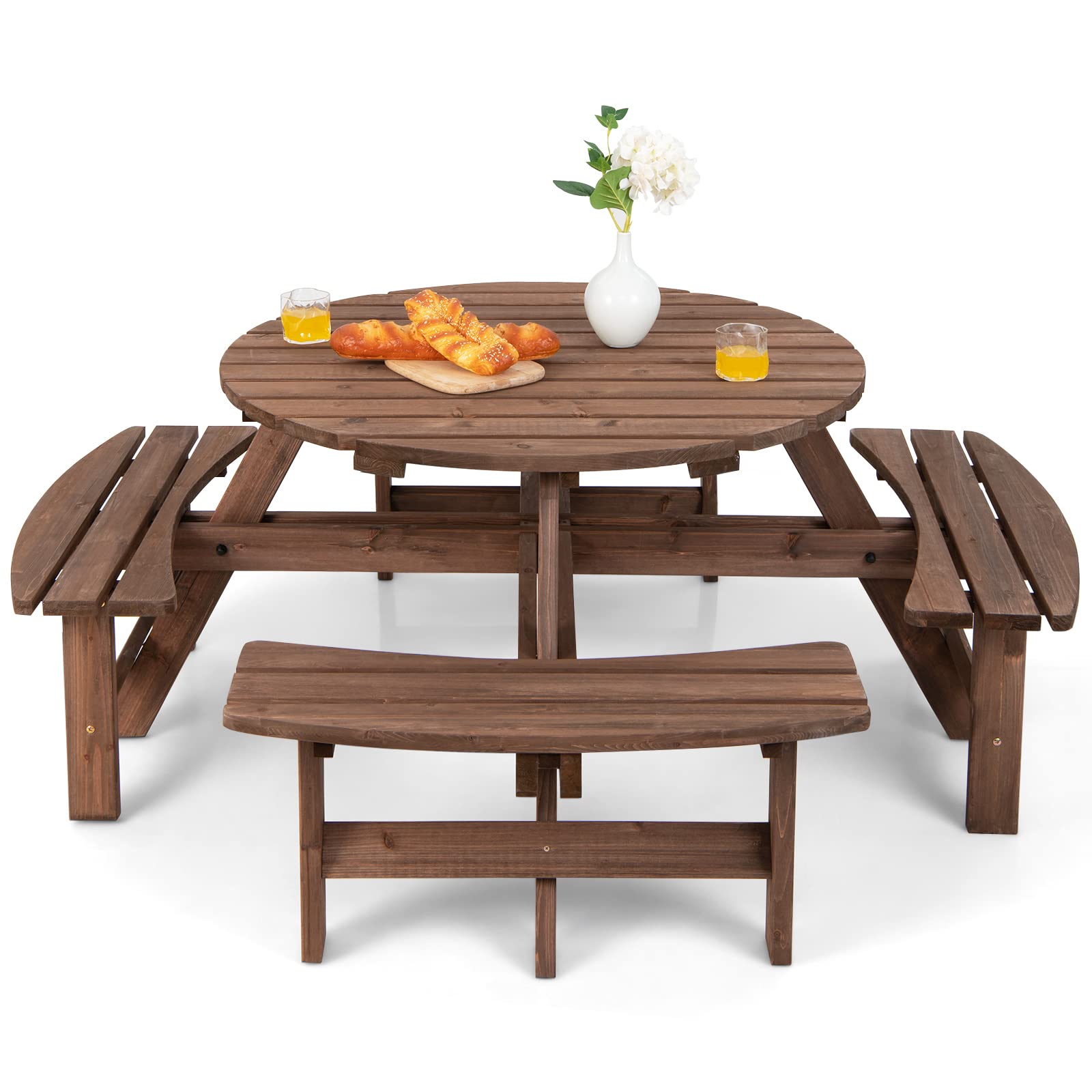 Tangkula round picnic table in natural fir wood with built-in benches for outdoor gatherings