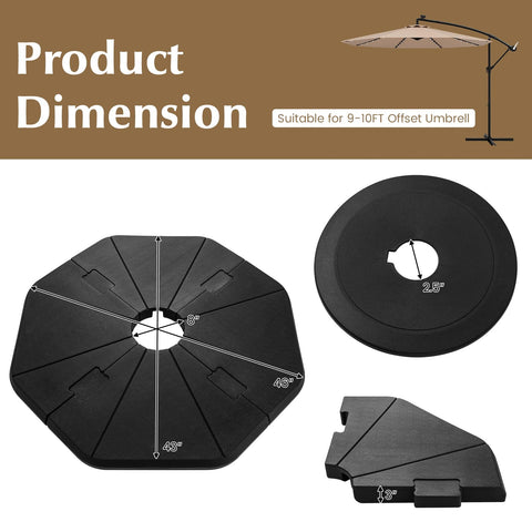 Tangkula base measures 46 by 43 inches for 9-10 ft umbrellas.