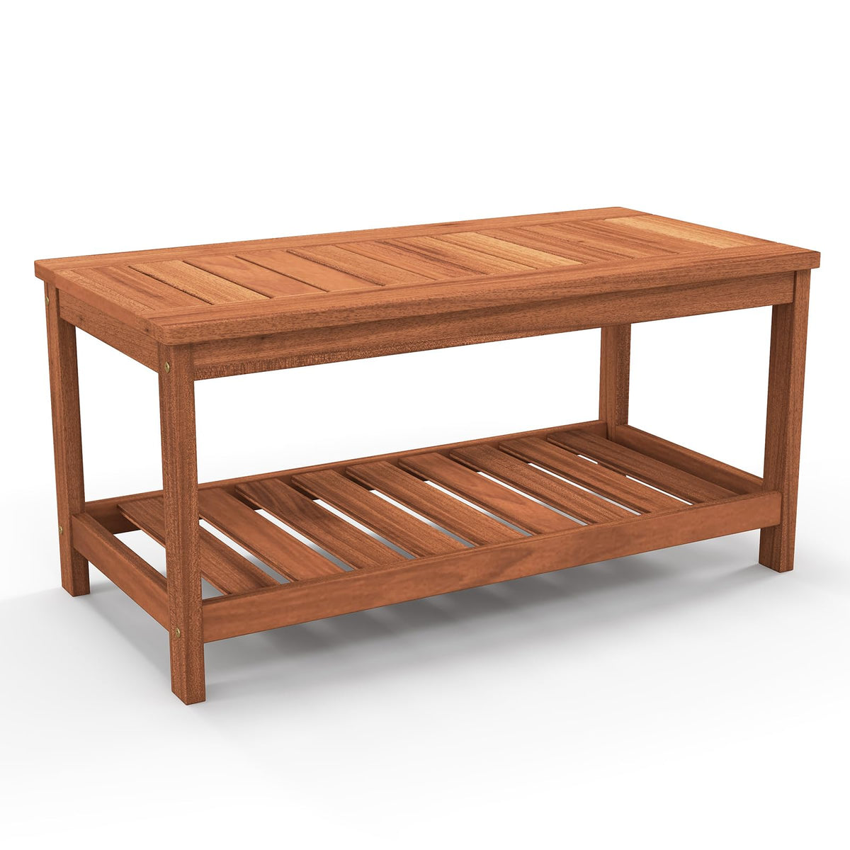 Tangkula wood outdoor coffee table with slatted top for breathable durability.