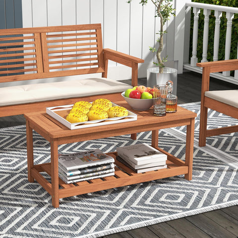 Tangkula two-tier storage table keeps snacks and magazines outdoors.