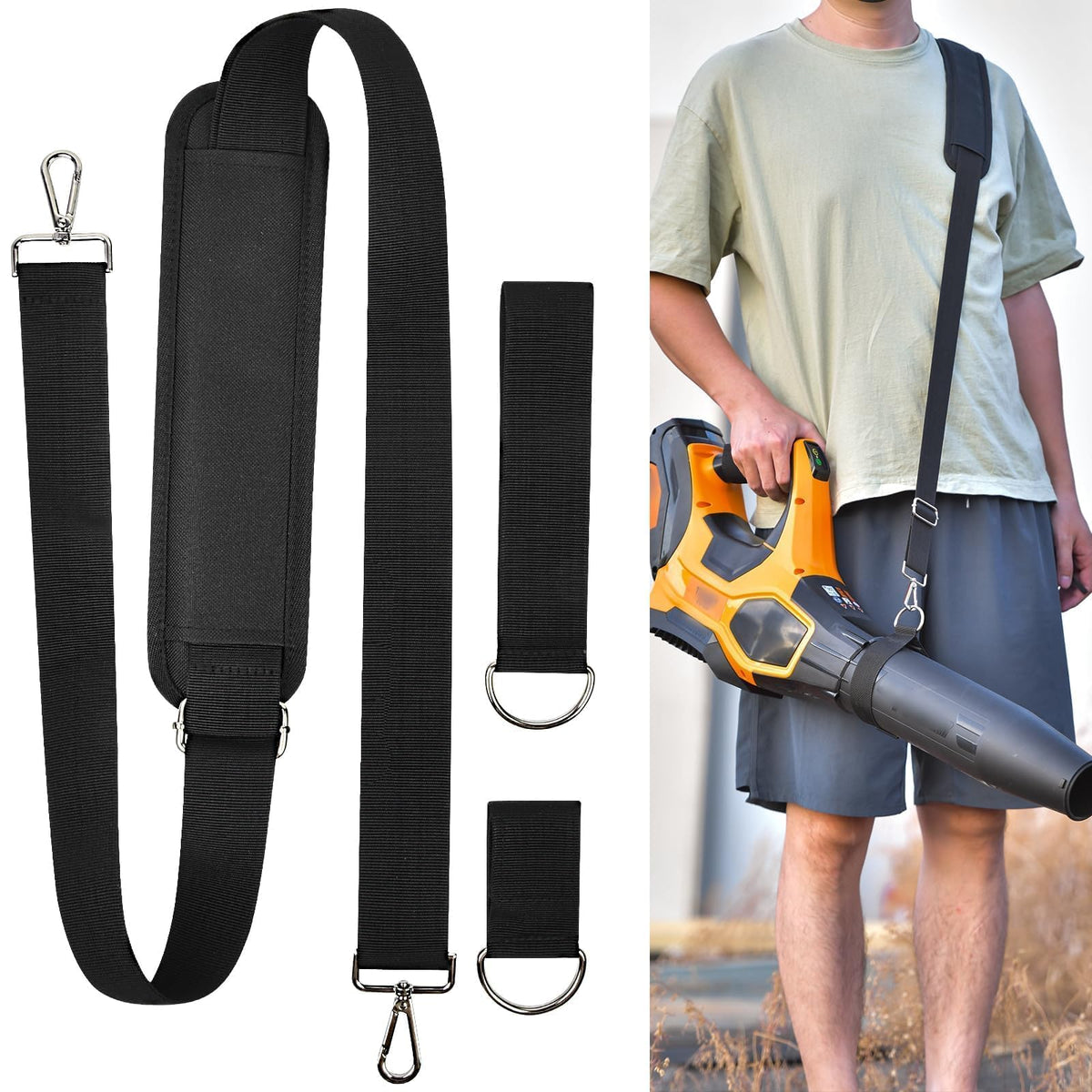 Tanmqin universal shoulder strap secured to a leaf blower hook for added stability