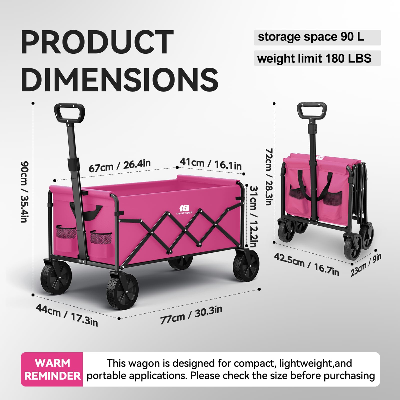 TANSTRIDER heavy-duty pink wagon ideal for groceries, beach trips, and outdoor excursions.