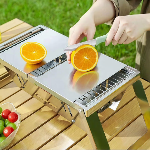 Taoleon foldable charcoal grill in a backpack during camping