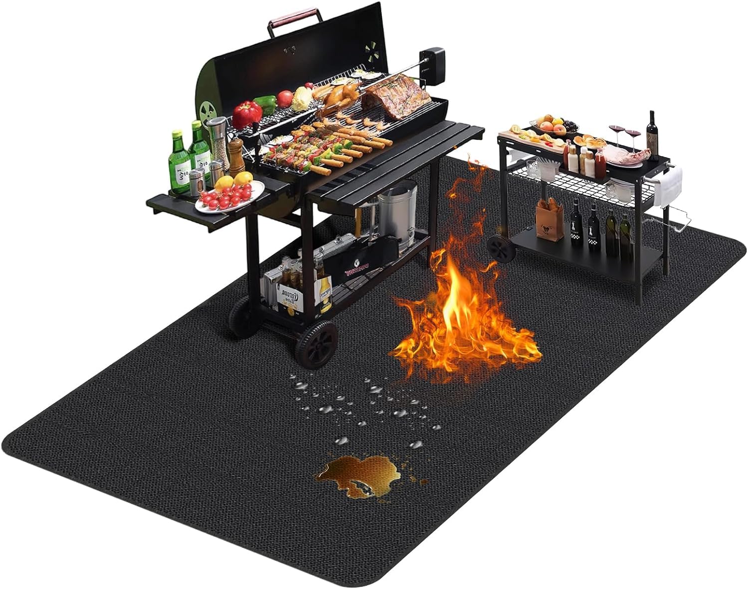 TAOMAND large grill mat 76x52 in use protects deck from spills and embers.