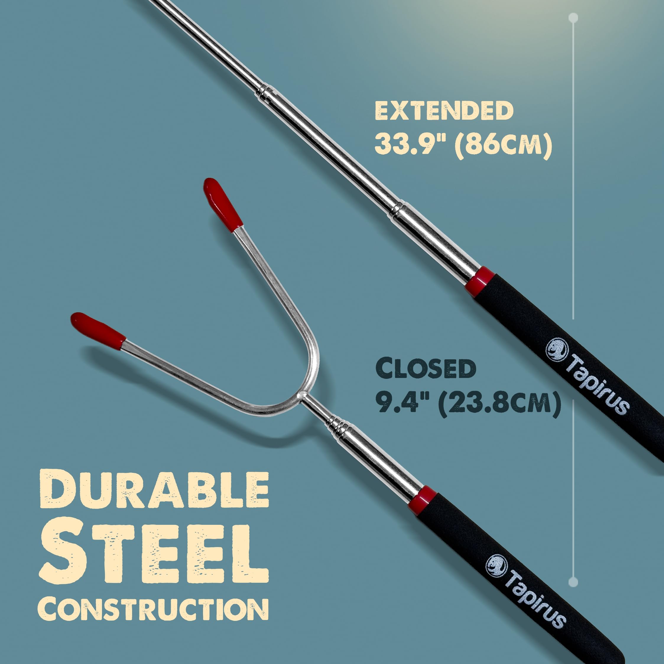 Tapirus roasting sticks showing heat-insulated handles for a cool grip.