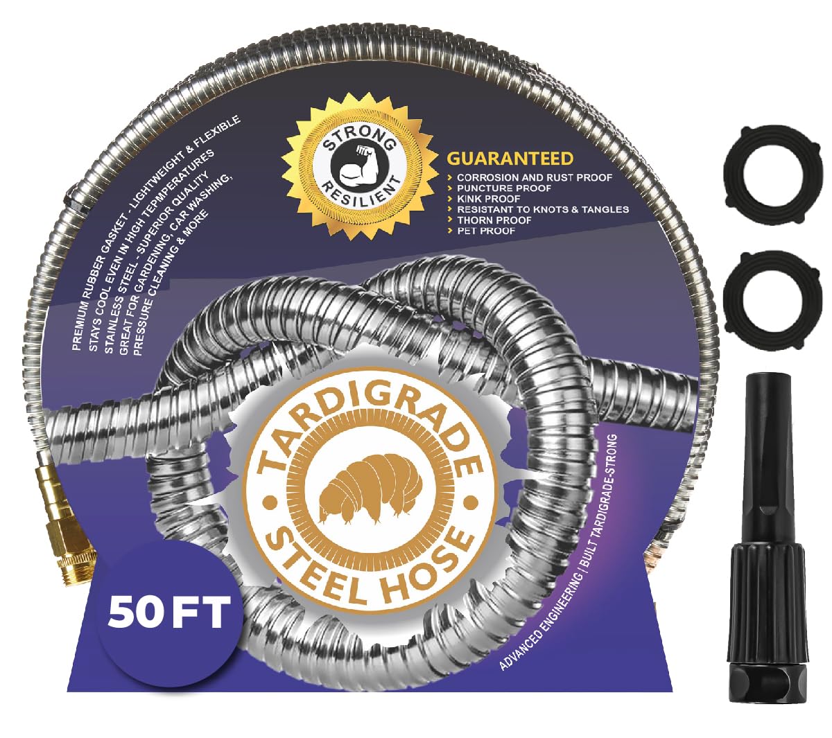 Tardigrade Steel Hose 50ft coiled showcases durability and kink-free performance for efficient watering.