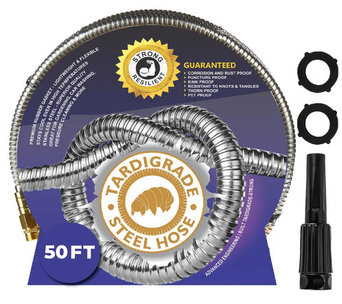 Tardigrade Steel Hose 50ft coiled showcases durability and kink-free performance for efficient watering.