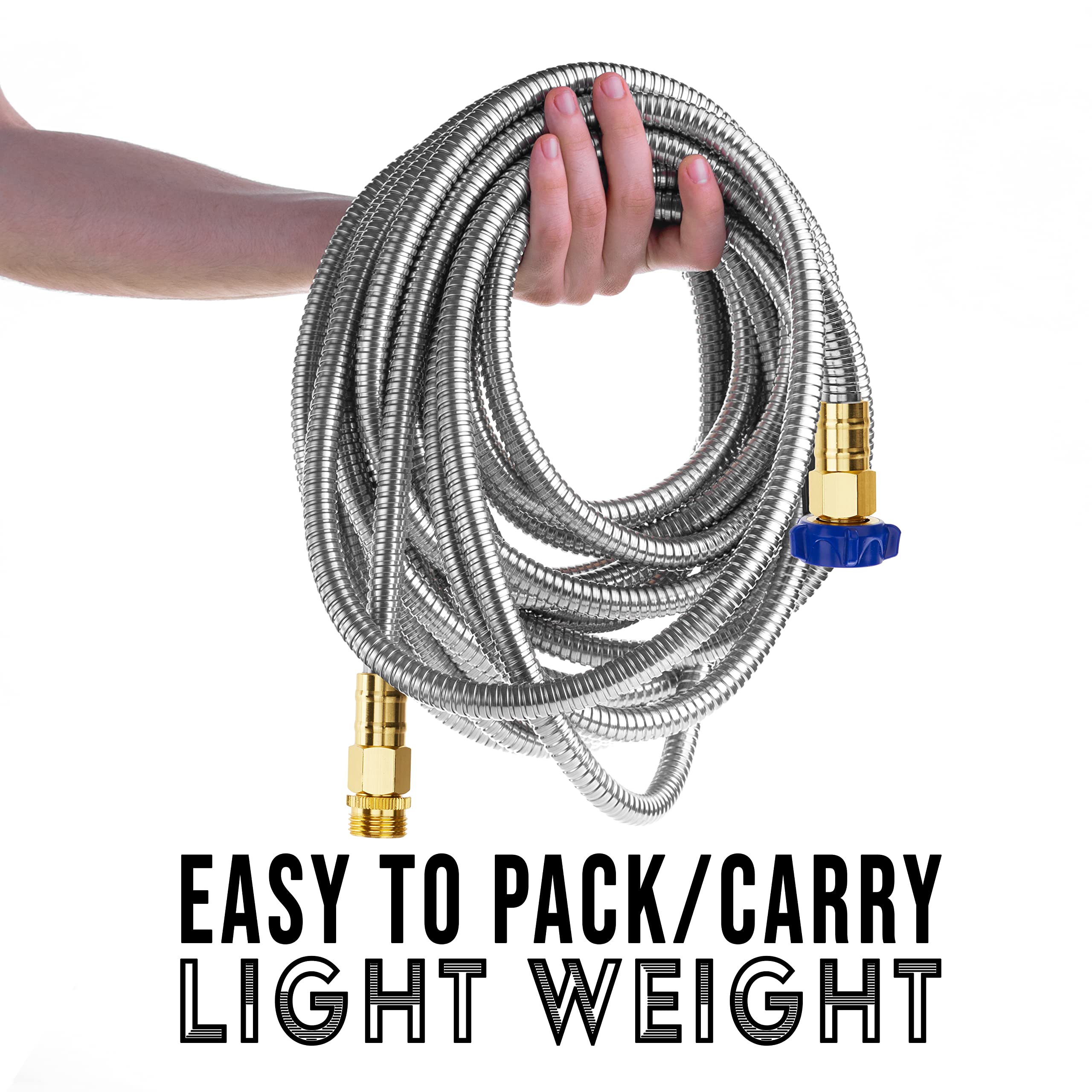 Tardigrade Steel Hose compatible with standard nozzles for versatile spraying.
