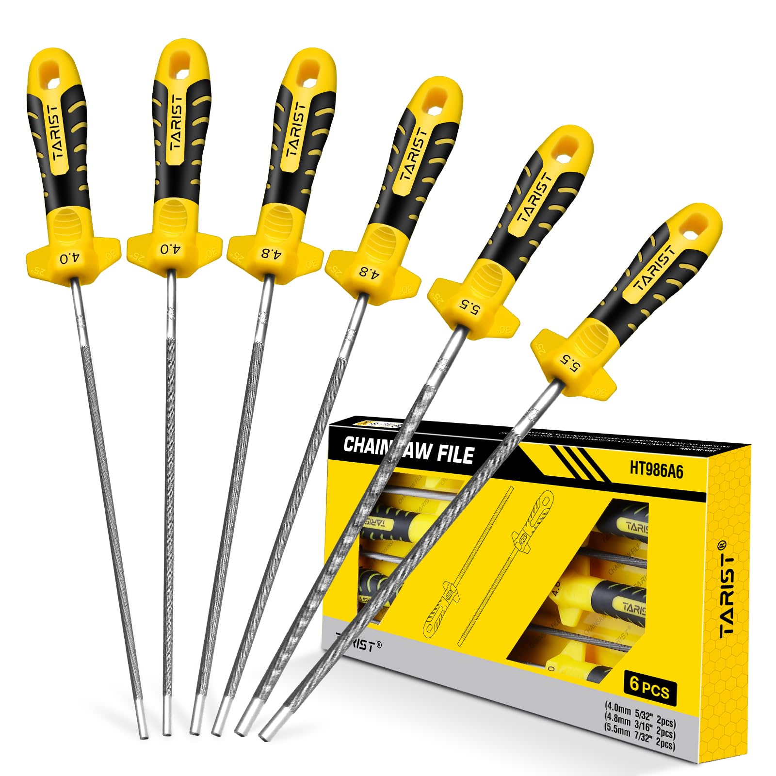 TARIST 6PCS chainsaw file set with handle for precise sharpening.