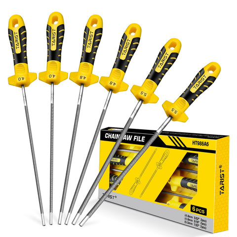 TARIST 6PCS chainsaw file set with handle for precise sharpening.
