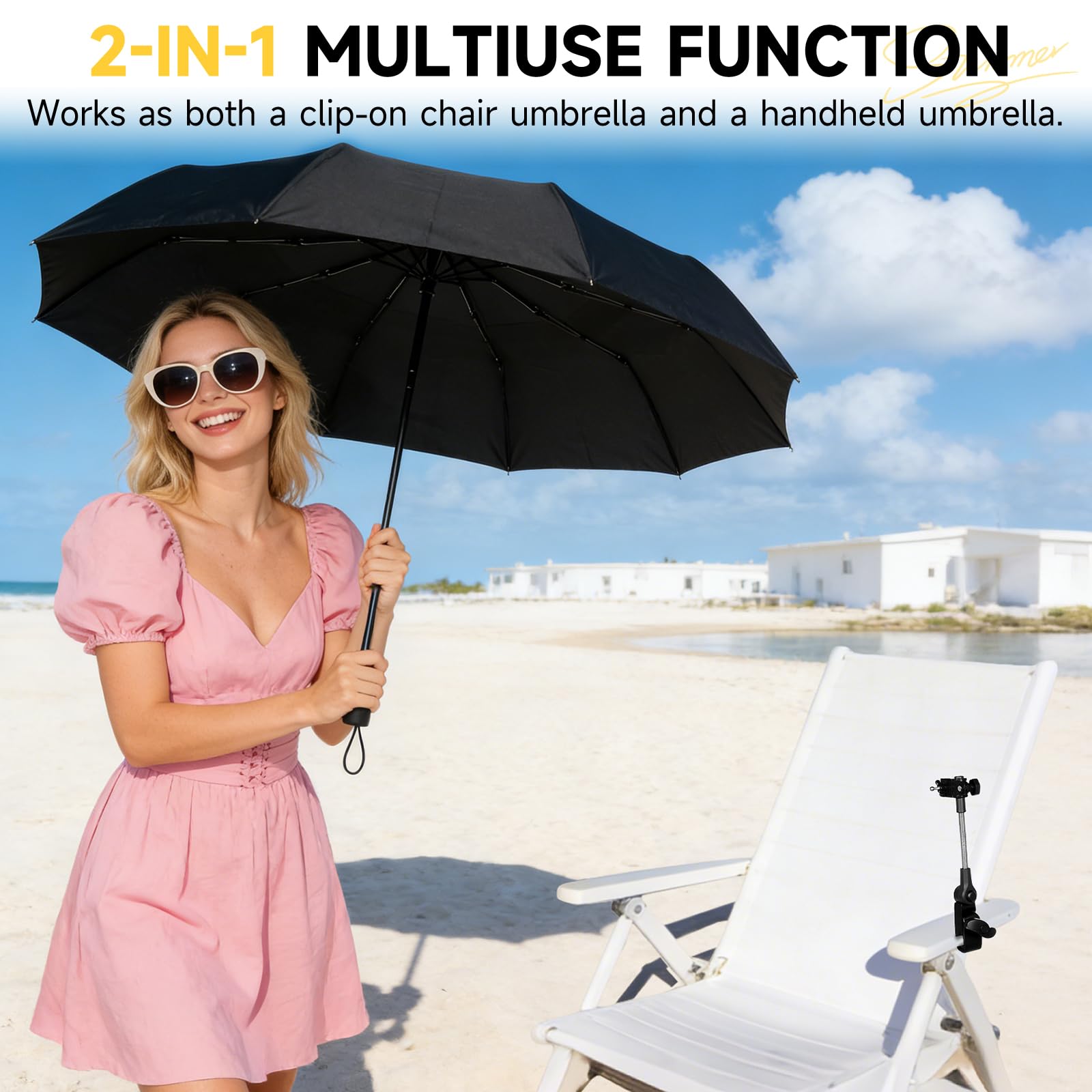 Tarswesi beach chair setup with portable umbrella for sun protection.