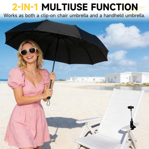 Tarswesi beach chair setup with portable umbrella for sun protection.