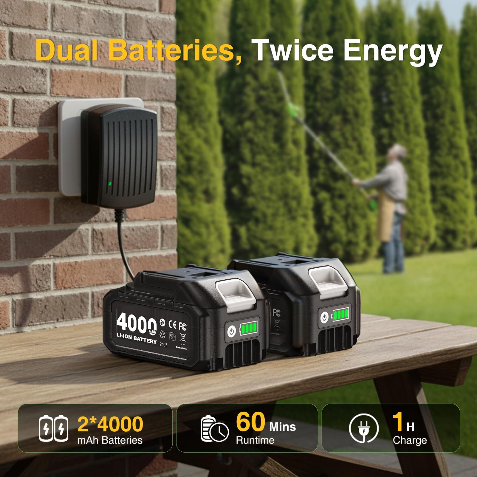 Two 4.0Ah batteries power longer trimming sessions with consistent performance