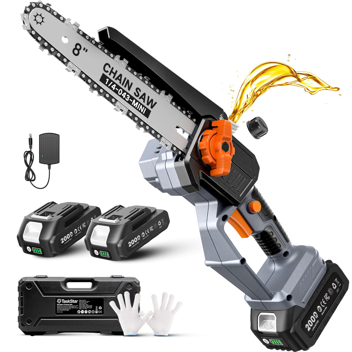 TaskStar 8-Inch mini chainsaw with guide bar cutting thick branches clearly