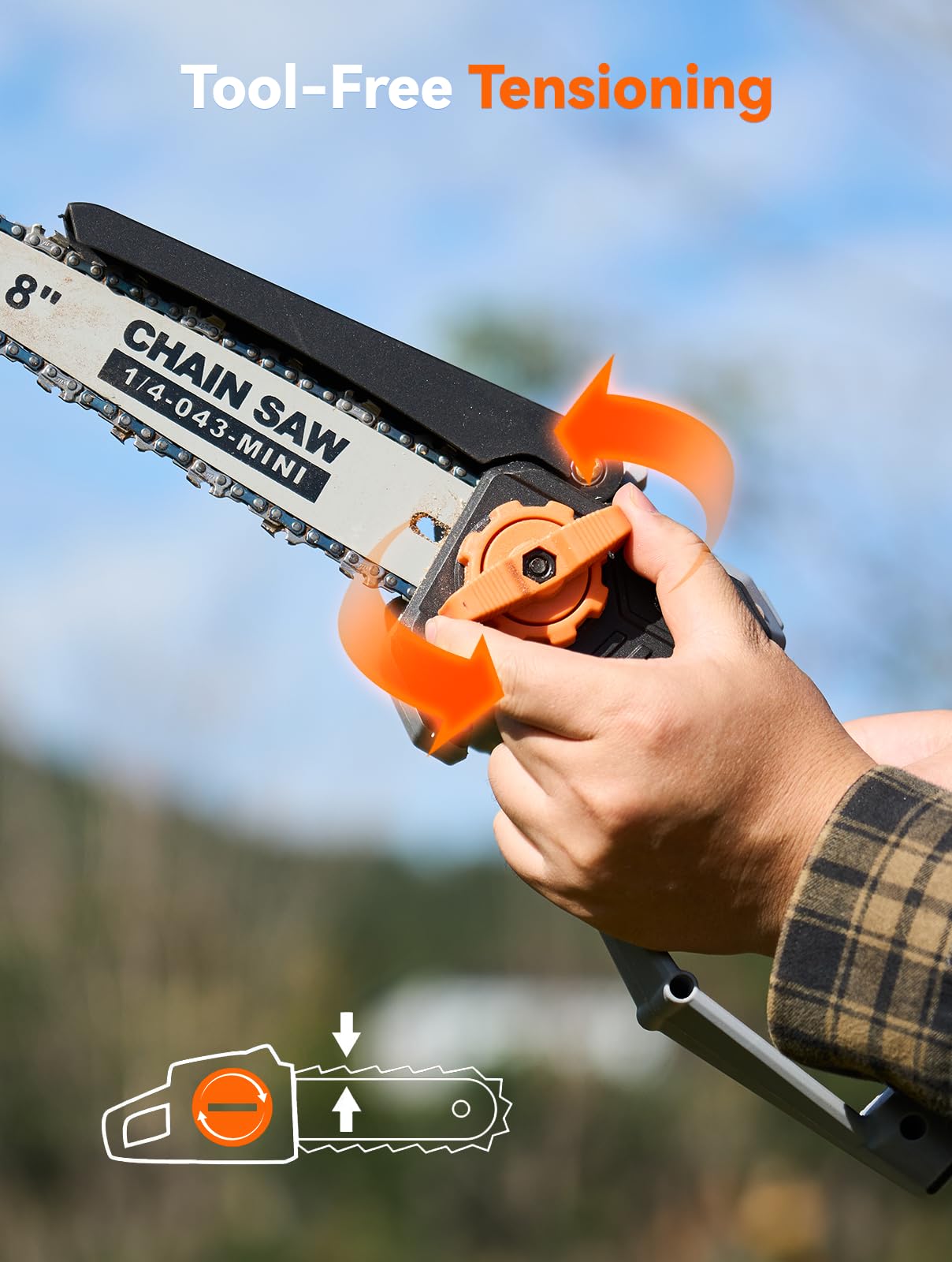 Tool-free chain tensioning on TaskStar for quick adjustments