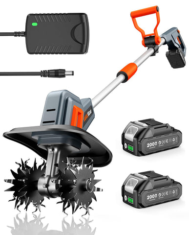 TaskStar cordless tiller 360rpm close-up demonstrating strong soil penetration for faster bed prep.