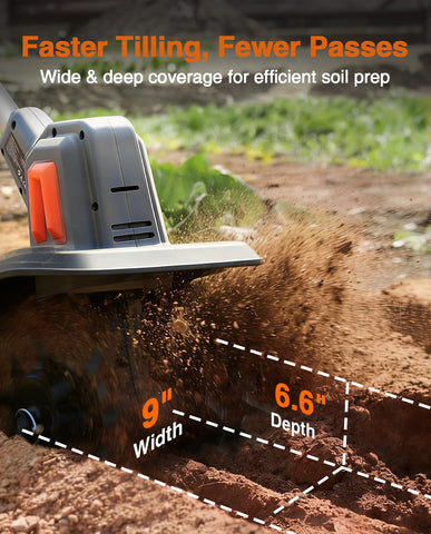 TaskStar cordless tiller in a garden bed for easy soil prep.