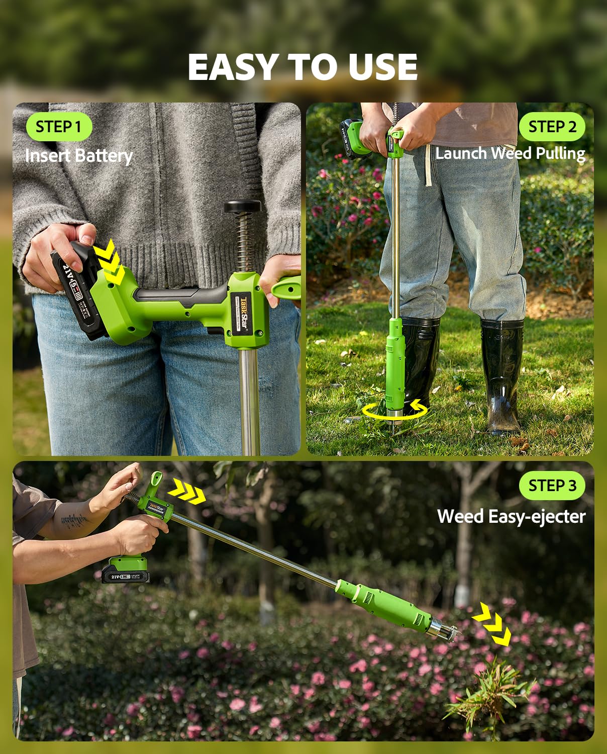 Dandelion being removed from soil with TaskStar puller.