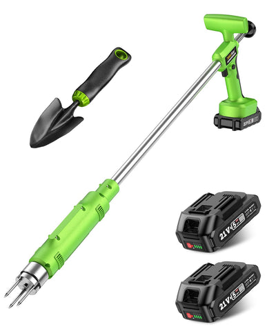 TaskStar electric weed puller in use, standing upright for fast weed removal.