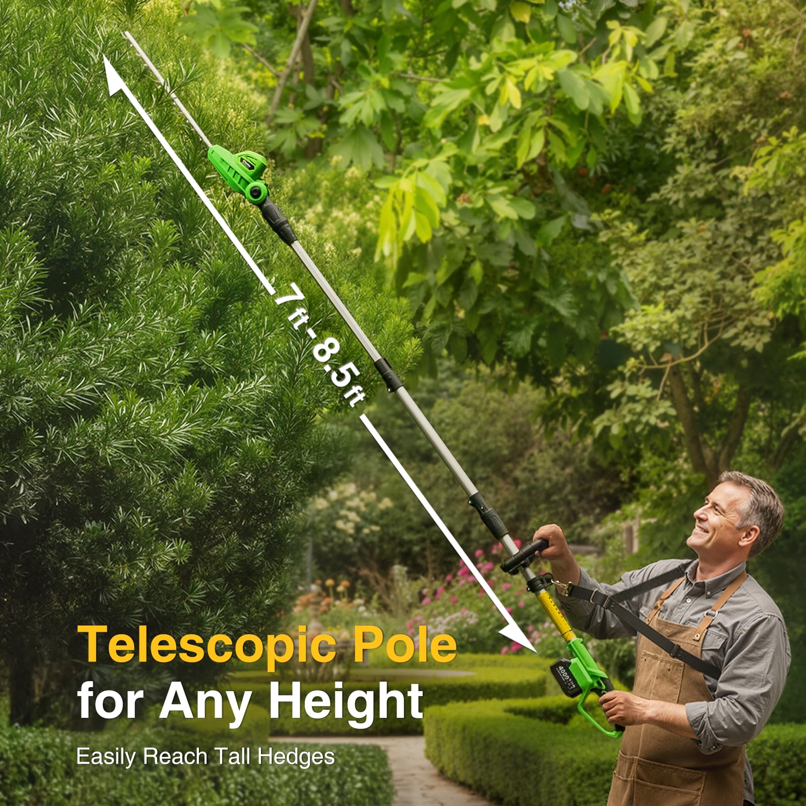 Extendable pole from 7 to 8.5 feet enables safe ground-based trimming