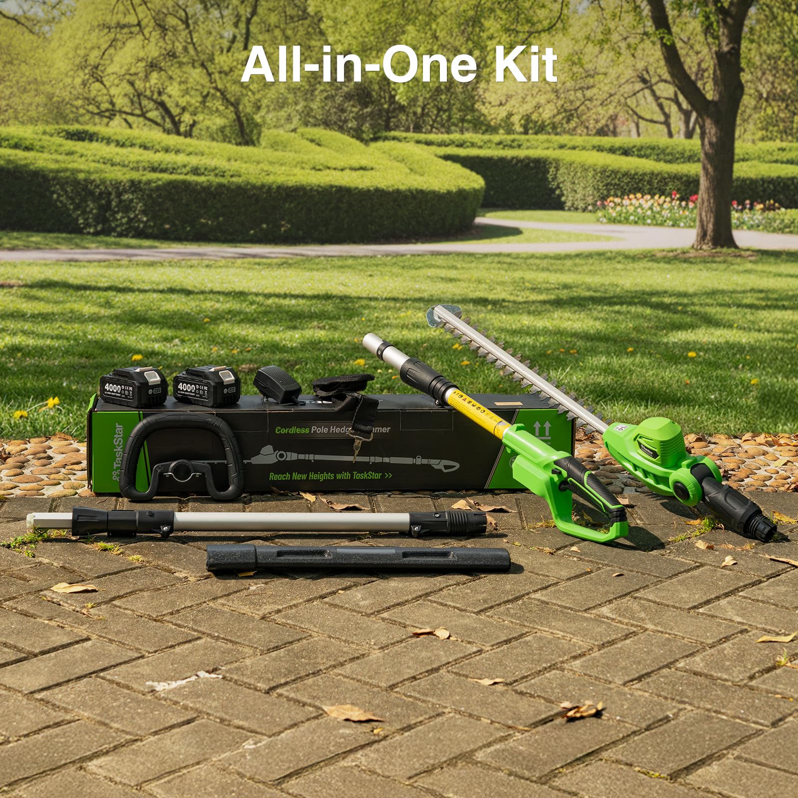 Complete TaskStar package with batteries, charger, pole, and accessories
