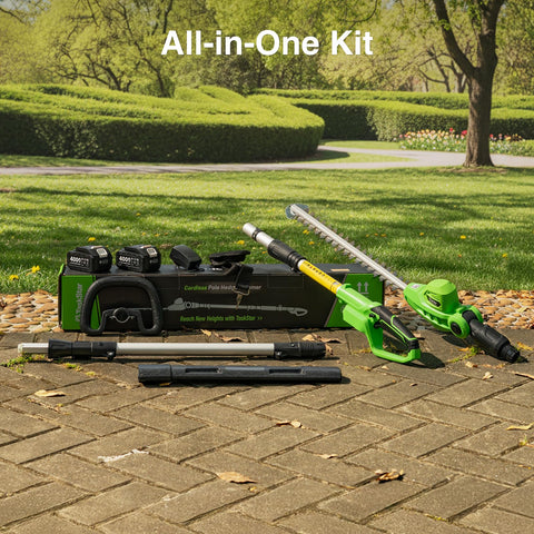 Complete TaskStar package with batteries, charger, pole, and accessories