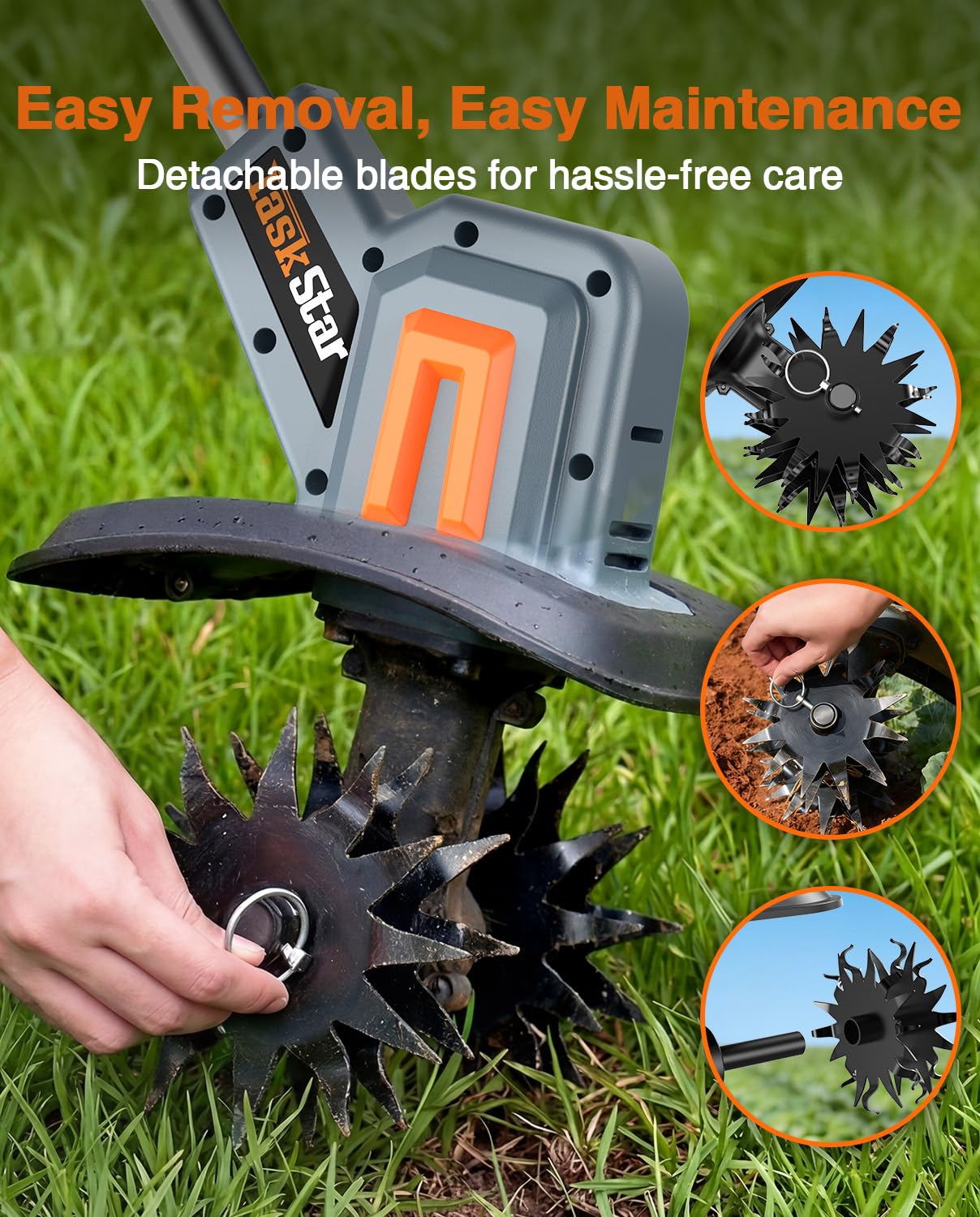 TaskStar tilling depth 7in enables deeper soil mixing and root preparation.