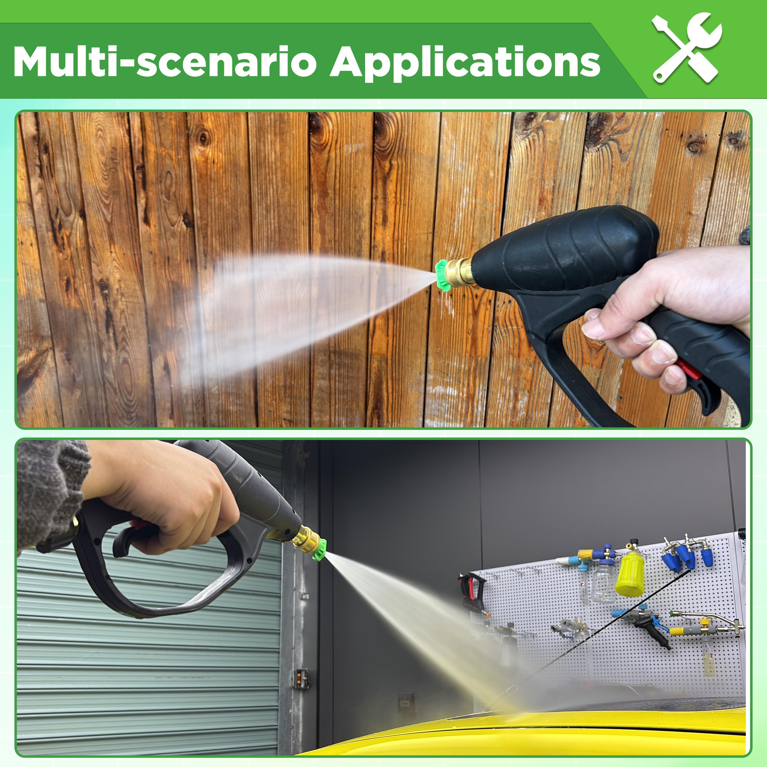 Versatile TasuoX nozzle cleaning wooden fence with green tip