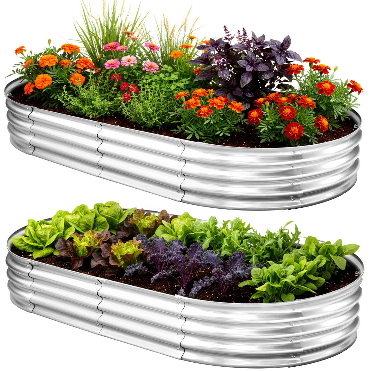 TATAANTY oval galvanized raised bed, 4x2x1ft, two-pack, ready for patio vegetable planting.