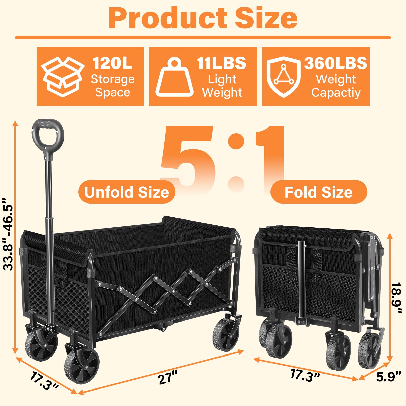 TATAANTY foldable wagon with extended handle for comfortable pulling on uneven ground.