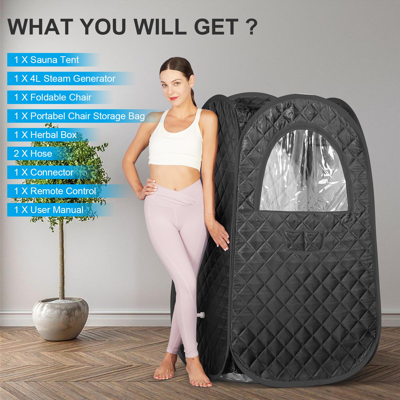 TaTalife full-view sauna setup showing compact footprint.