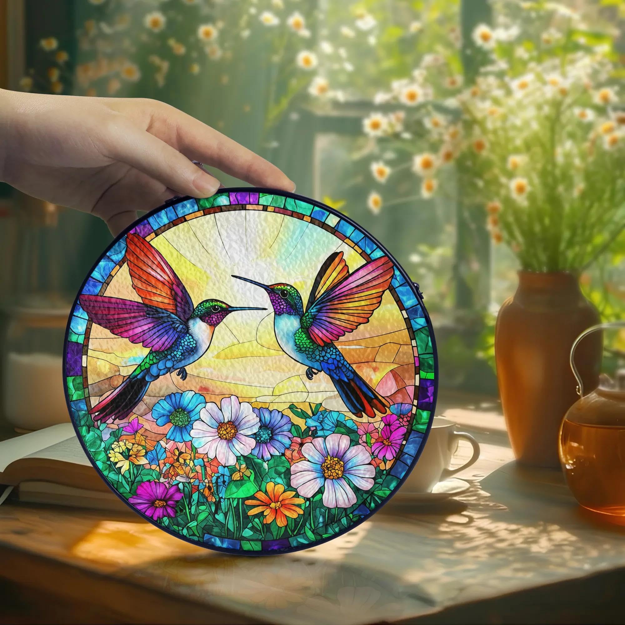 Tatkuink hummingbird glass panel decor illuminated by sun