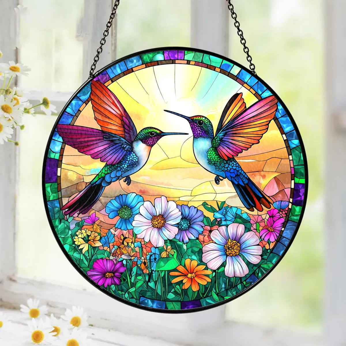 Tatkuink hummingbird suncatcher in a sunny window showing colorful light display