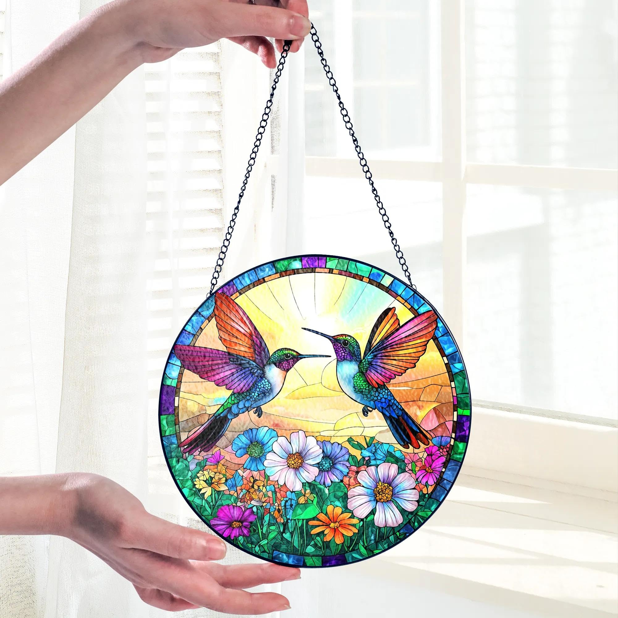 Tatkuink stained glass hummingbird ornament brightening garden space
