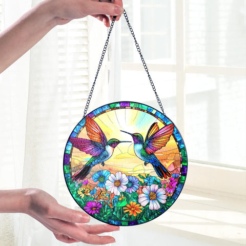 Tatkuink stained glass hummingbird ornament brightening garden space