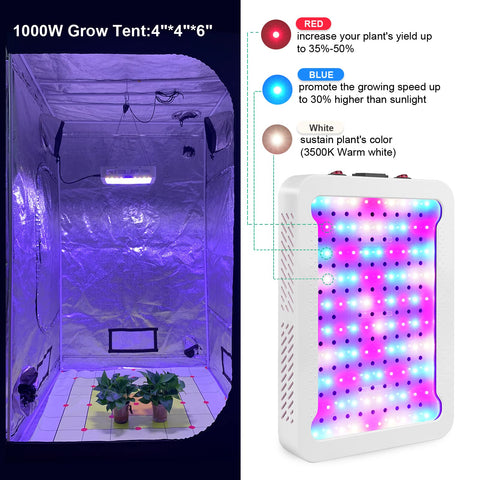 TATU 1000W LED grow light over overhead installation in tent